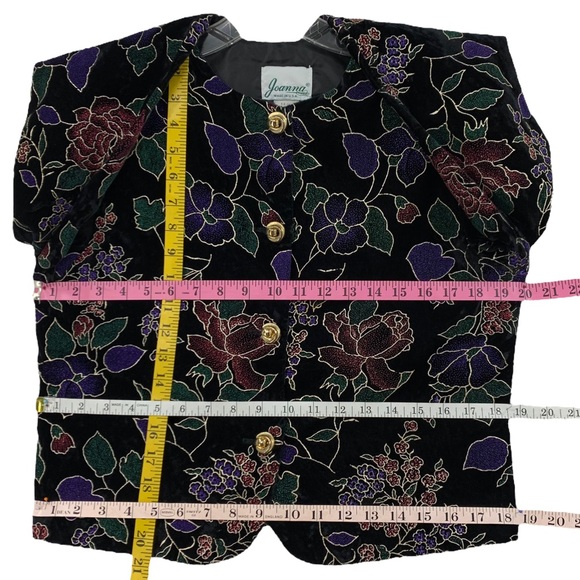 Vintage Black Velveteen Large Print Floral Evening Blazer Gold Metallic … - Picture 13 of 15